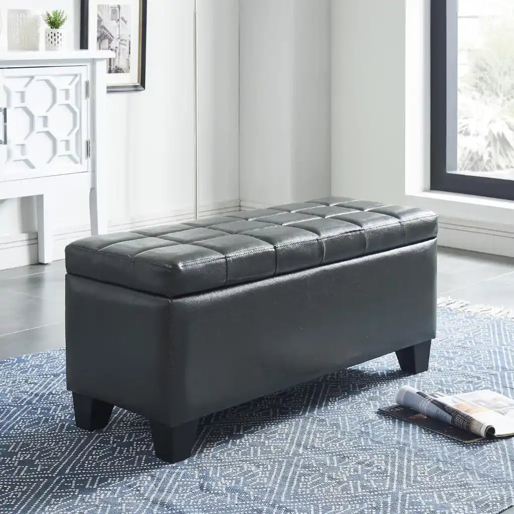 Winston Black Storage Ottoman Bench – Faux Leather & Deep Storage