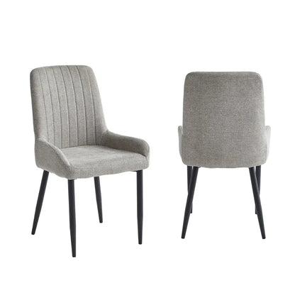 gray fabric upholstered dining chairs with black metal  legs 