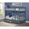 Grey bunk bed with a drawer .