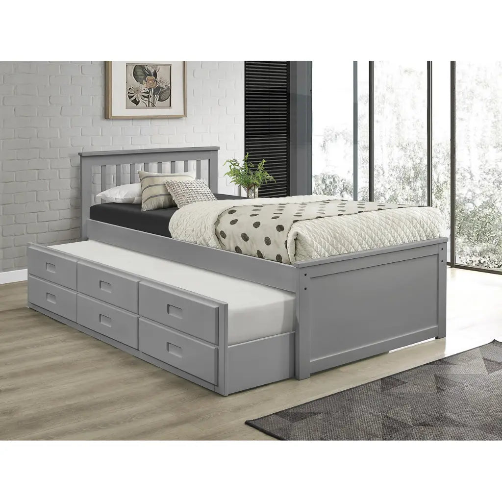 Grey bed with storage drawers 