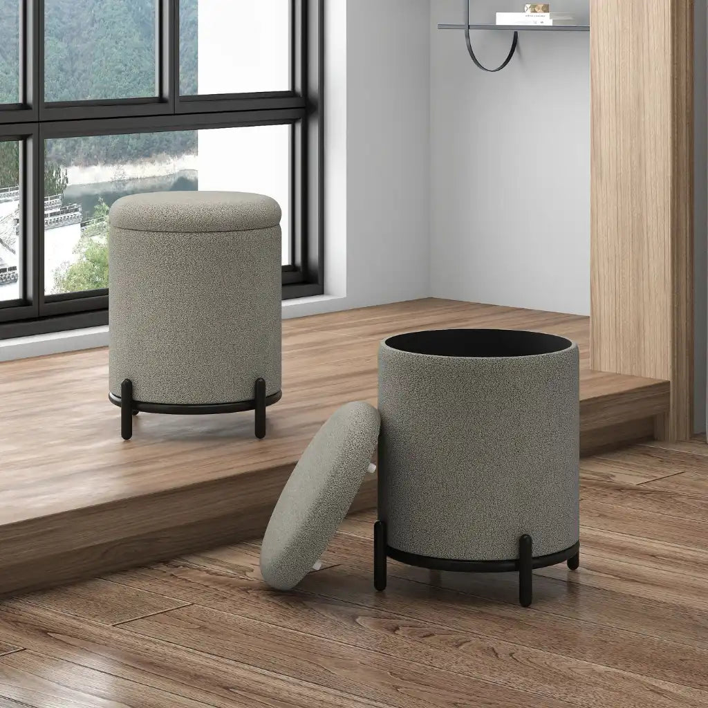 Castor Cream Boucle Storage Ottoman with Black Metal Base