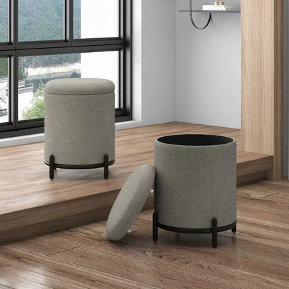 Castor Cream Boucle Storage Ottoman with Black Metal Base
