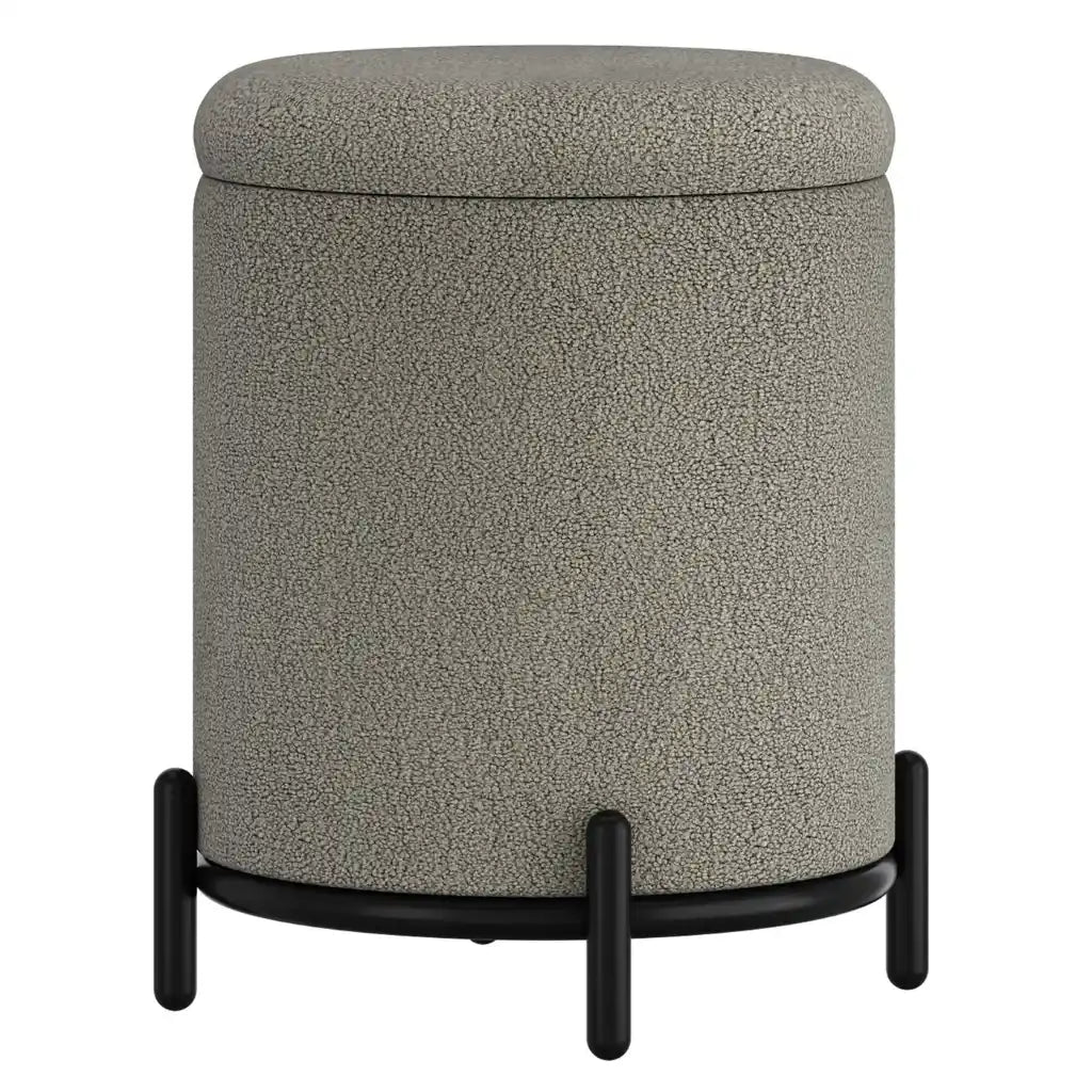 Castor Cream Boucle Storage Ottoman with Black Metal Base