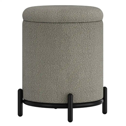 Castor Cream Boucle Storage Ottoman with Black Metal Base