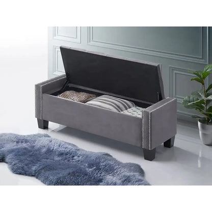 Grey storage bench with open lid for living room