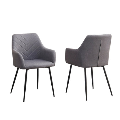 Two gray dining chairs with black legs 