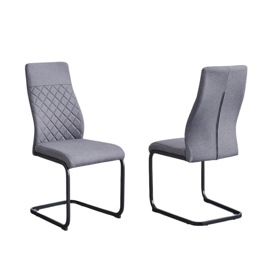  gray upholstered chairs with black metal frames