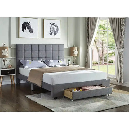 Grey Double Bed with Tufted Headboard And Storage Drawer