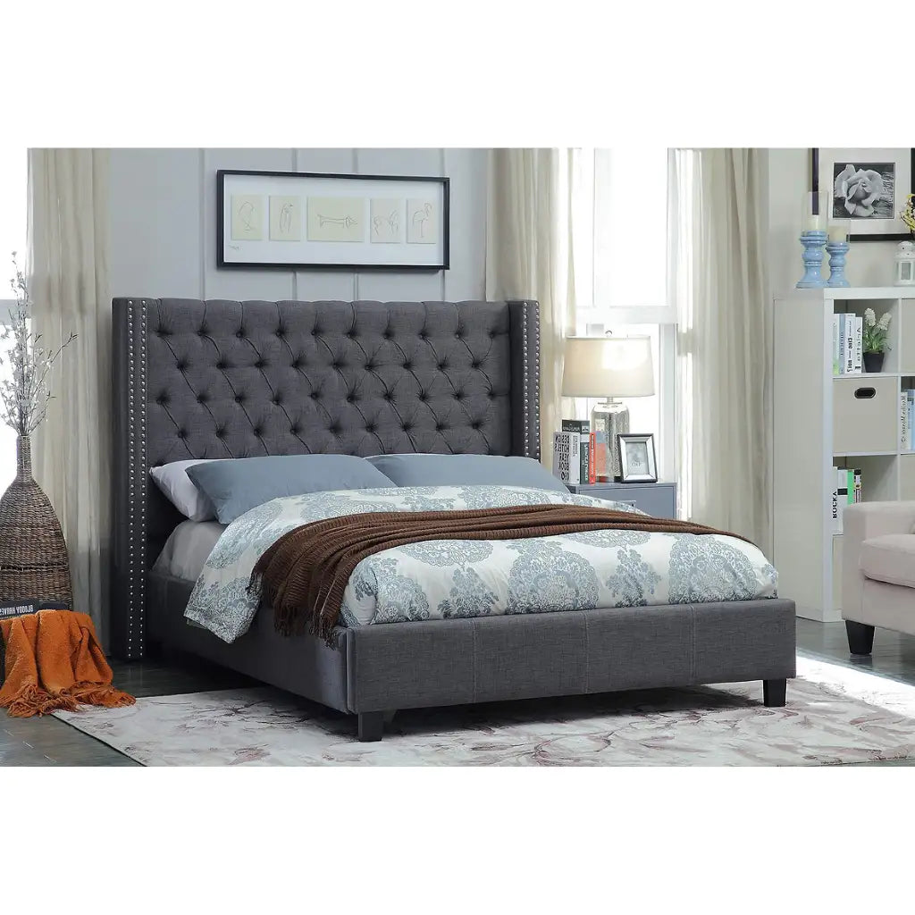 Grey Upholstered Platform Bed with Tufted Wingback Headboard