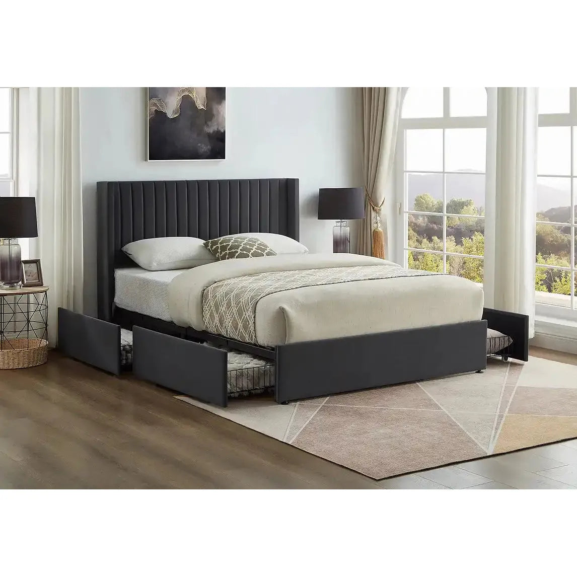 Grey Queen Bed with Storage Drawers
