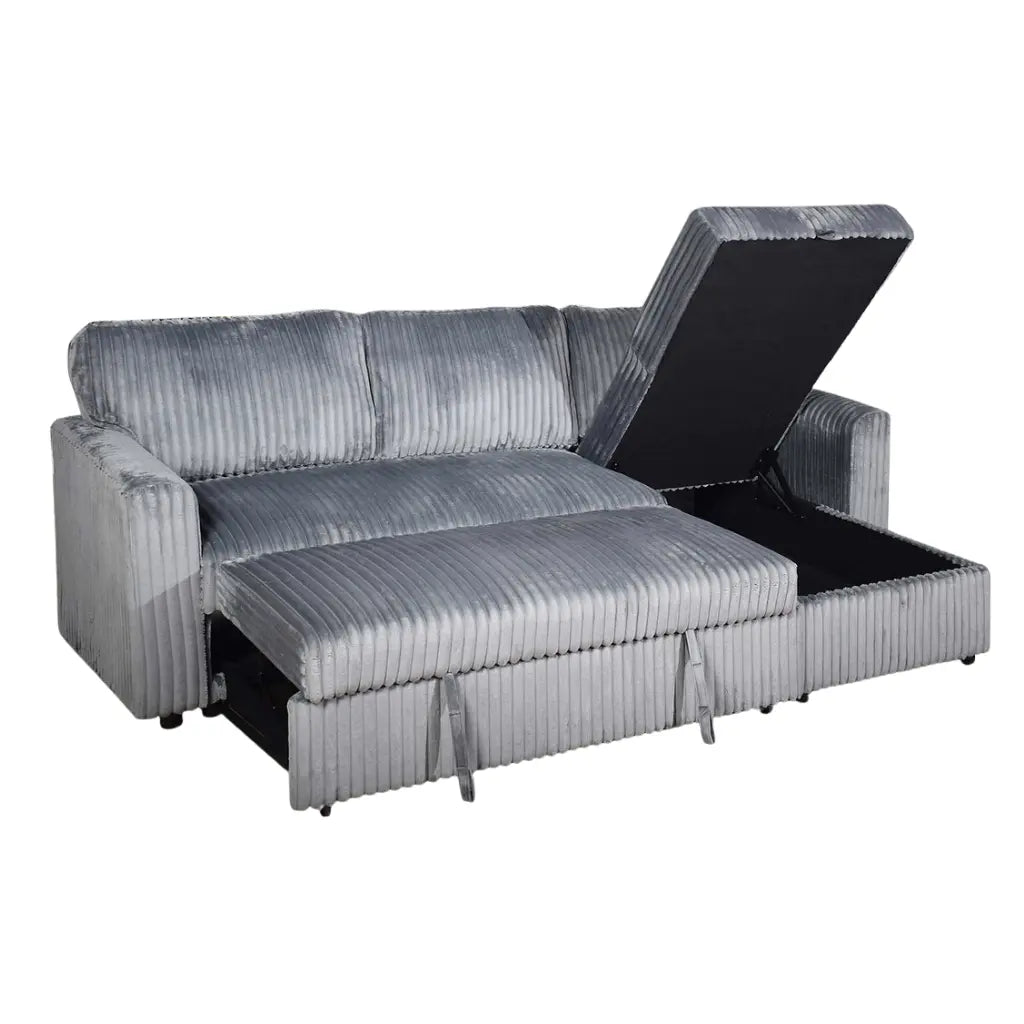 Gray striped sectional sofa with storage drawers on a white background