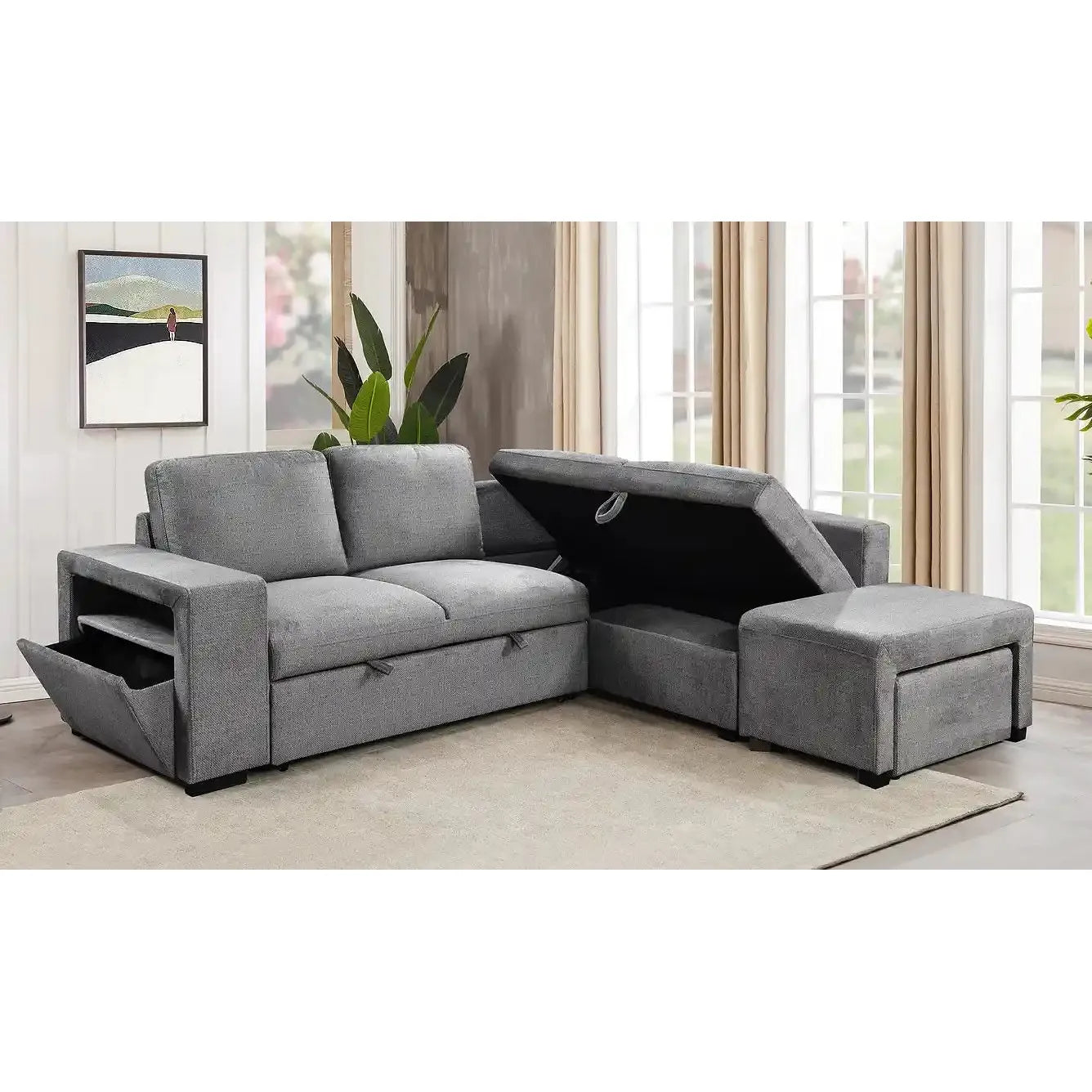 Gray sectional sofa with storage compartments for living room setting. at affordable price