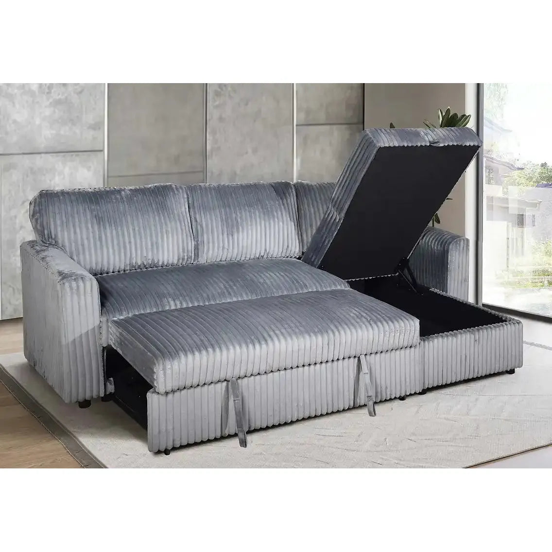 Gray sectional sofa with storage drawers for modern living room.