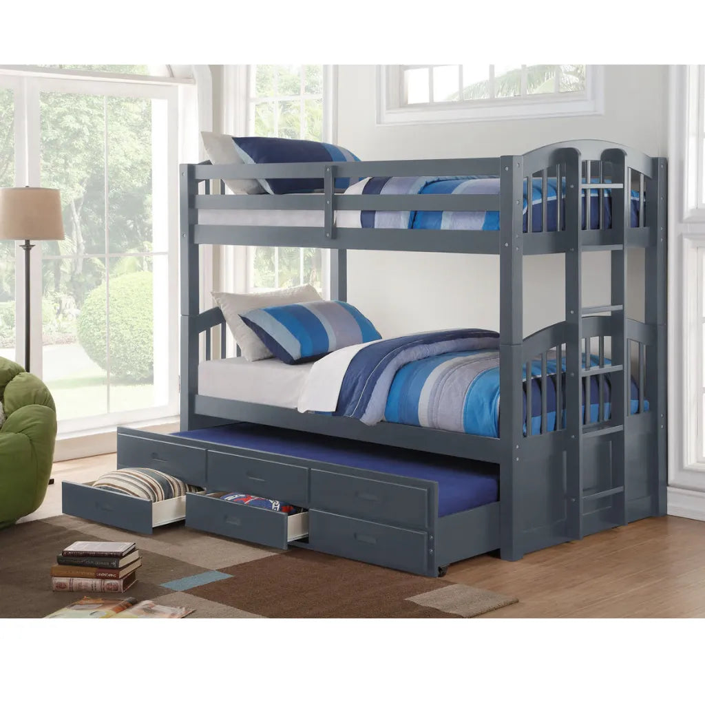 Grey bunk bed with blue bedding 