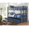 Grey bunk bed with blue bedding 