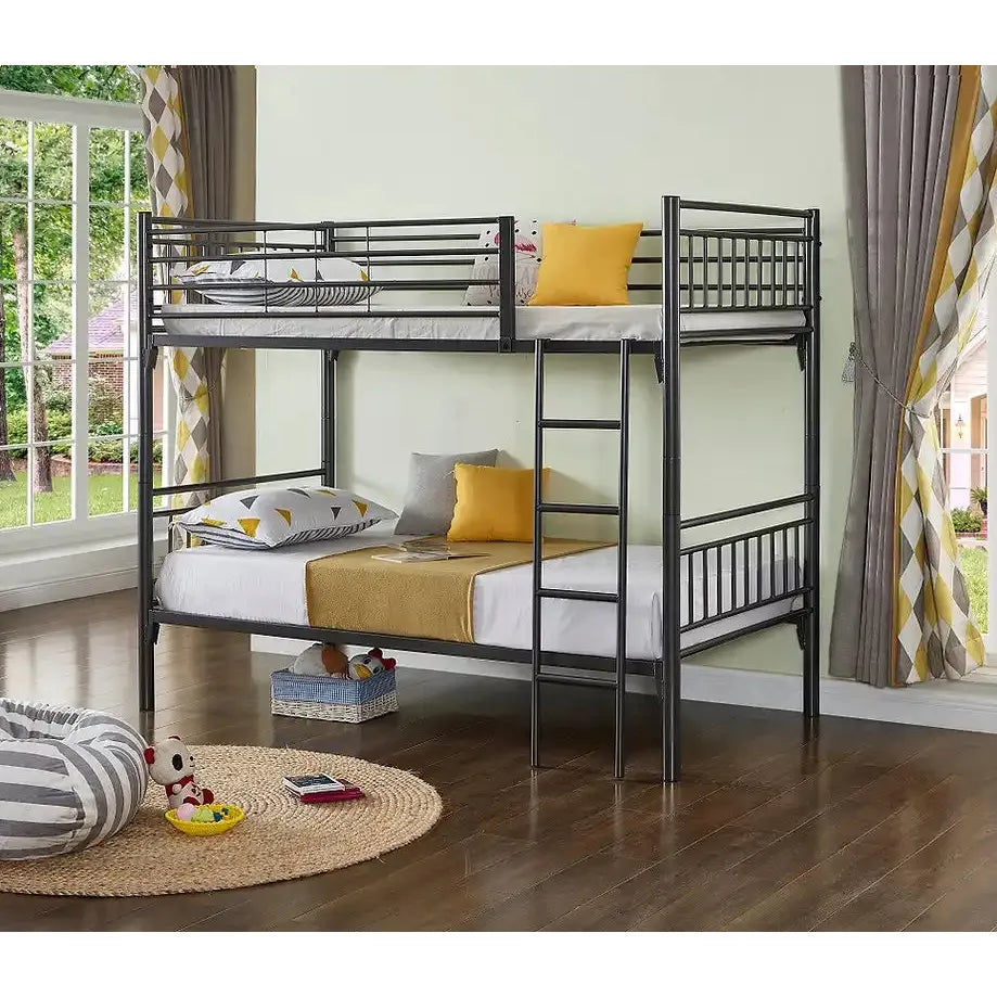 Grey Steel Bunk bed with yellow bedding