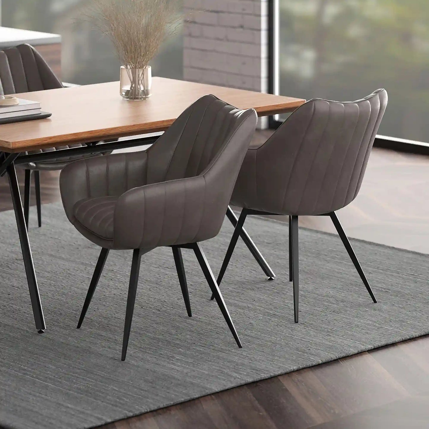Talon Swivel Faux Leather Dining Chairs Set of 2 With Black Metal Legs