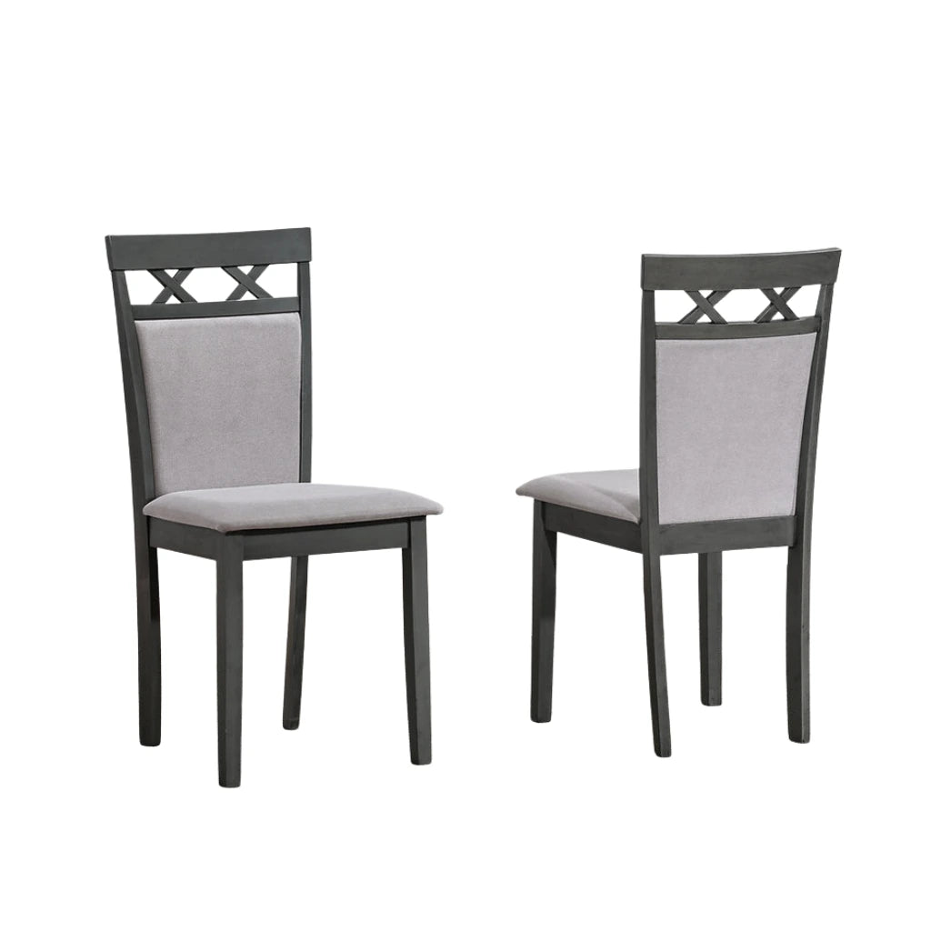 Two gray upholstered  dining  chairs with dark frames 