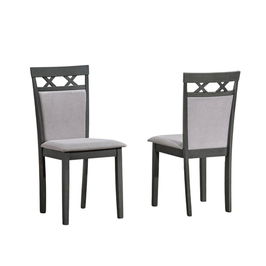 Two gray upholstered  dining  chairs with dark frames 