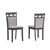 Two gray upholstered  dining  chairs with dark frames 