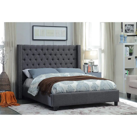 Grey Upholstered King Platform Bed with Tufted Wingback Headboard