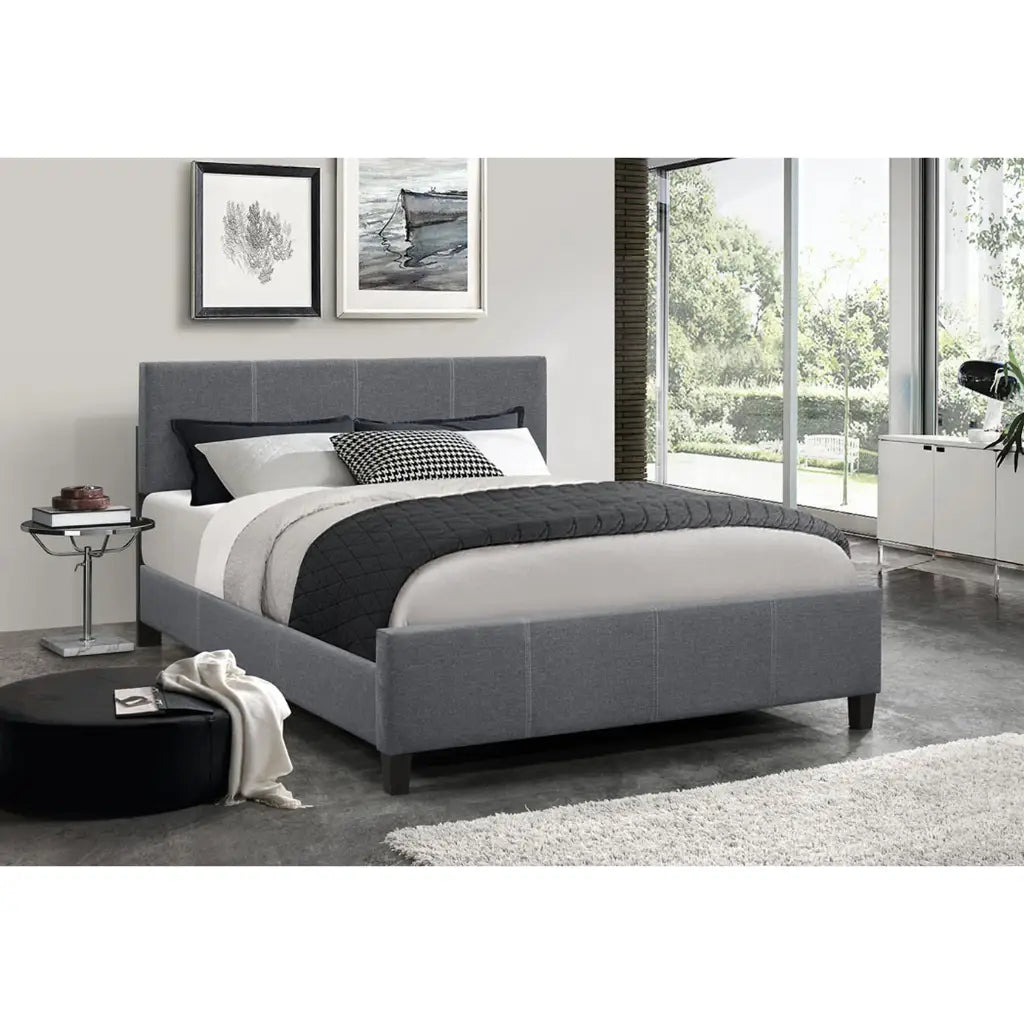 Grey Upholstered Platform Bed with Adjustable Headboard