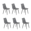 Set of six gray upholstered dining chairs with black legs