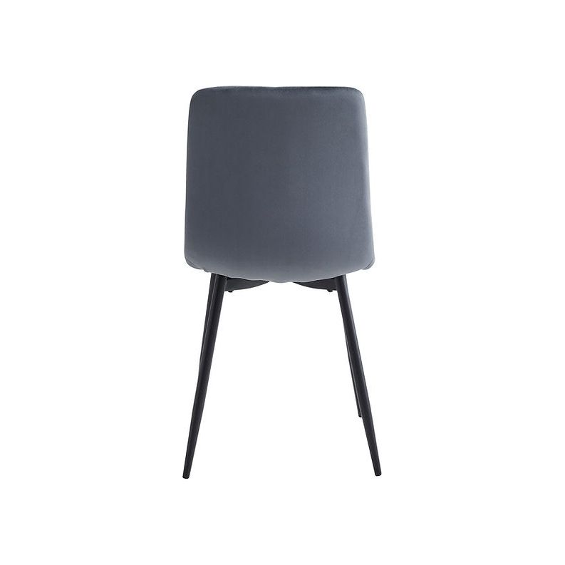 Back of grey dining chair with black legs 