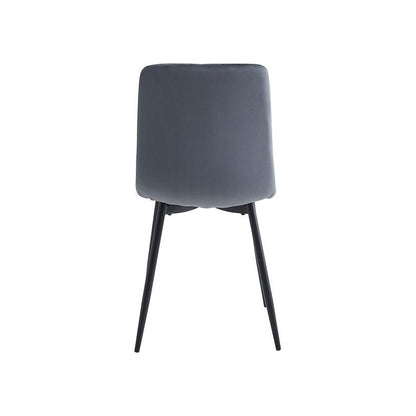Back of grey dining chair with black legs 