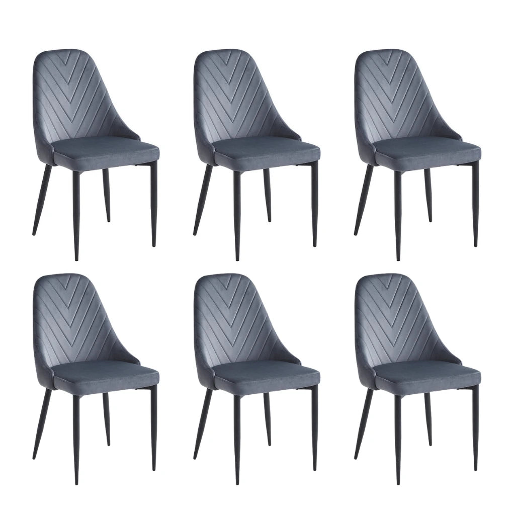 Set of six grey velvet dining chairs with black legs 