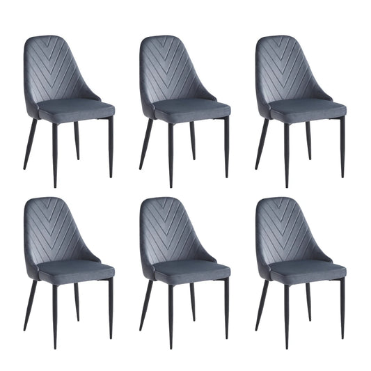 Set of six grey velvet dining chairs with black legs 