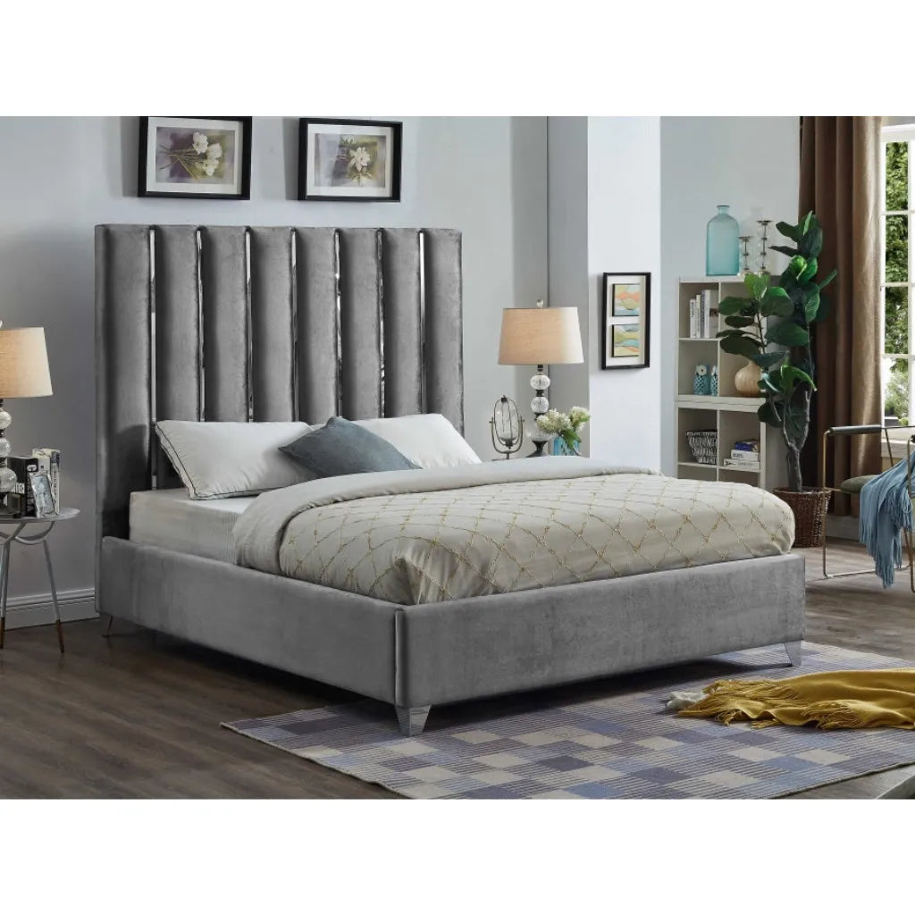 Grey Velvet King Bed With Chrome Legs
