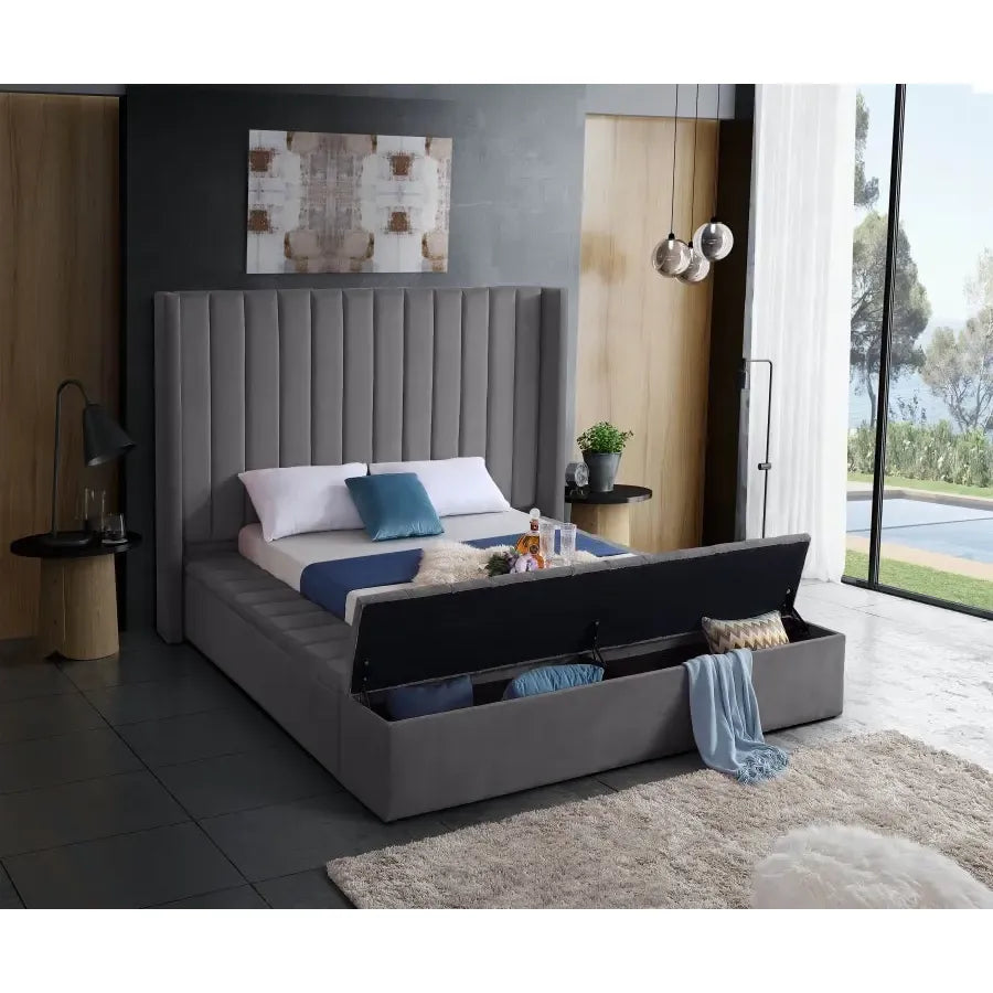 Grey Velvet King Bed with Storage Benches