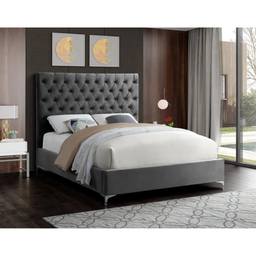 Grey Velvet King Bed with Tufting