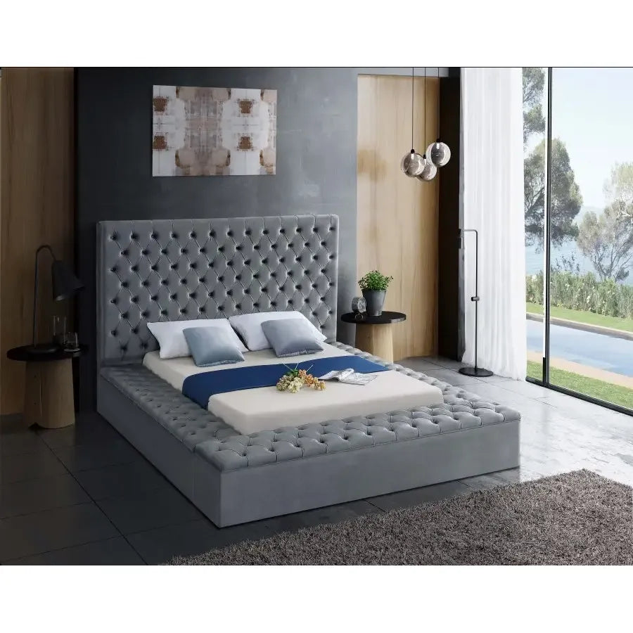 Grey Velvet King Storage Bed with Tufted Headboard 