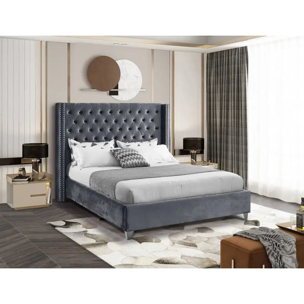 Grey Velvet  Platform Bed 