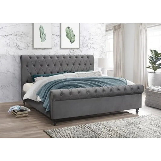 Grey Velvet Queen Bed