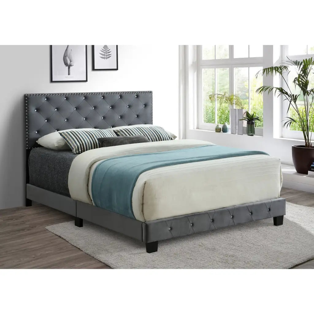 Grey Velvet Queen Bed