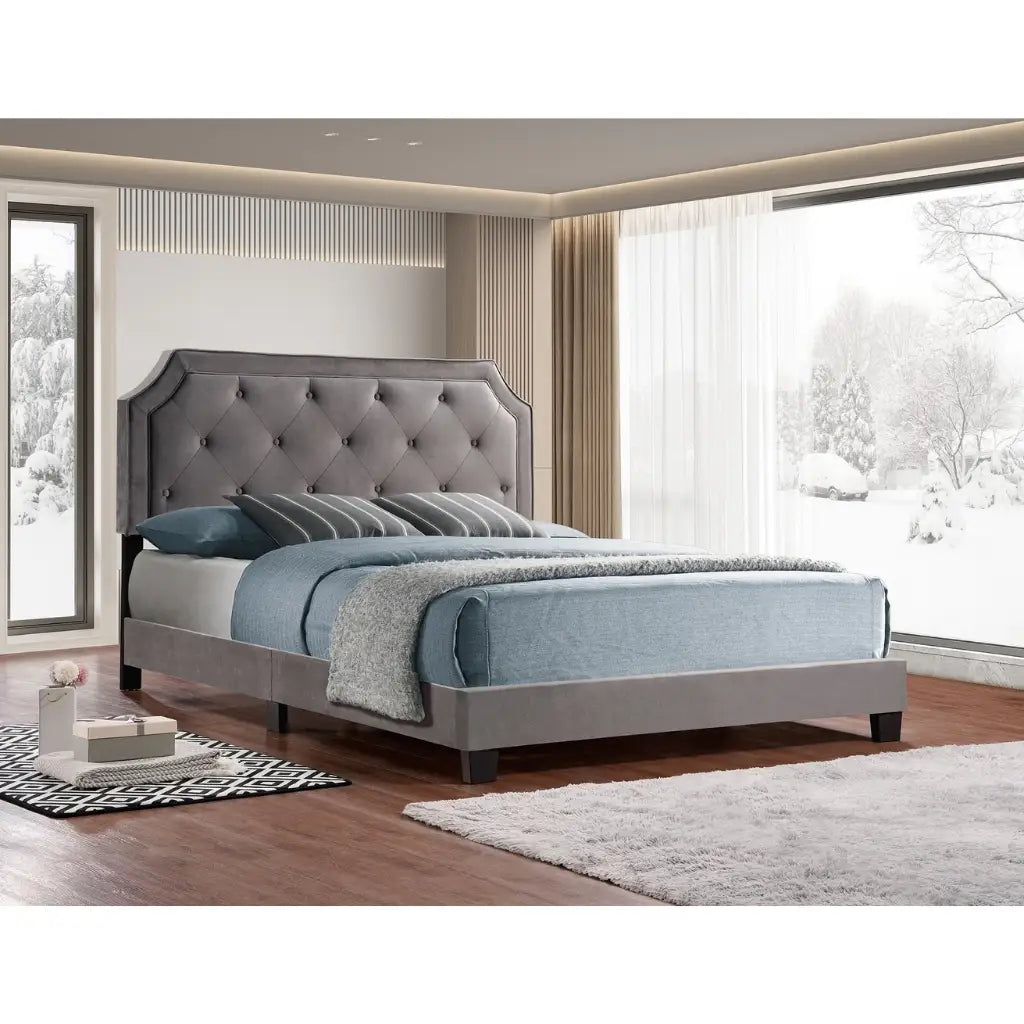  Grey Velvet Queen Platform Bed