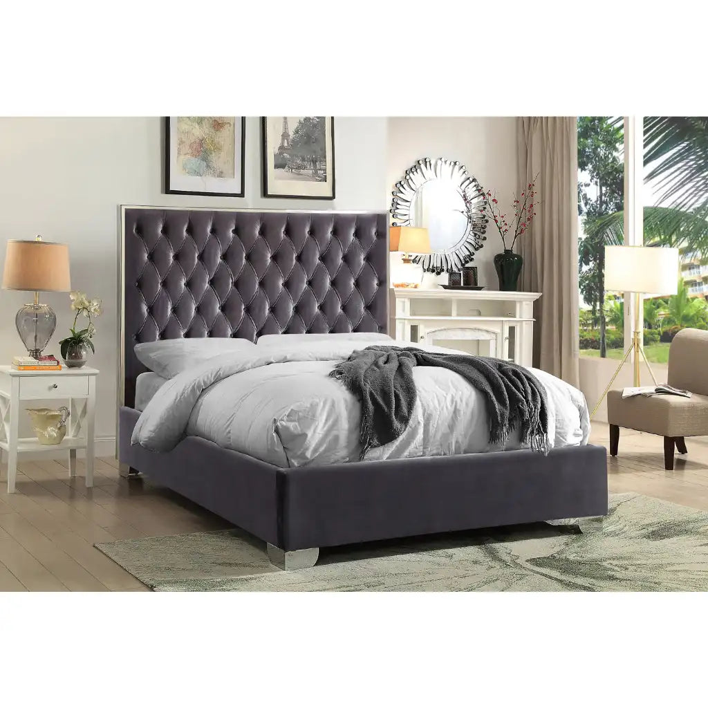 Grey Velvet Queen Bed with Tufted Headboard
