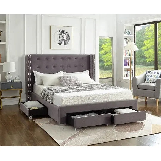 Grey Velvet Queen Storage Bed 