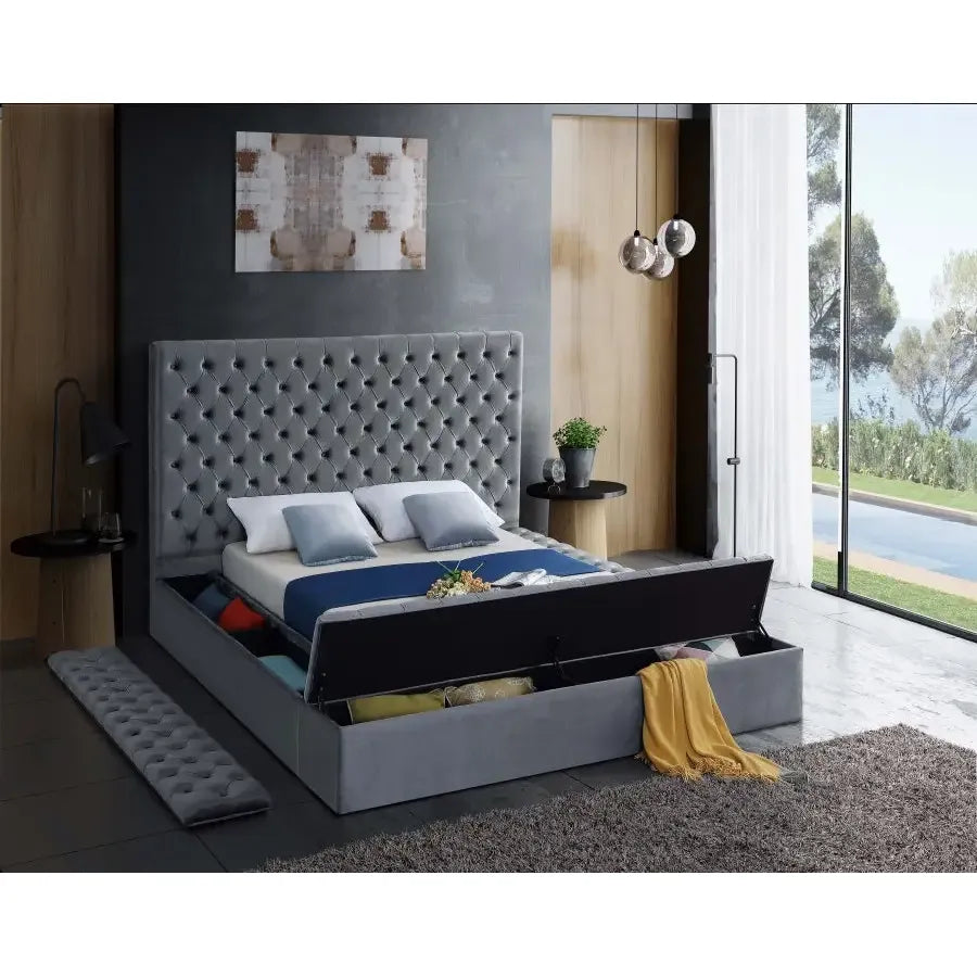 Grey Velvet Queen Storage Bed with Tufted Headboard 