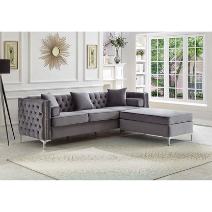 Grey Velvet Sectional Sofa with Tufting