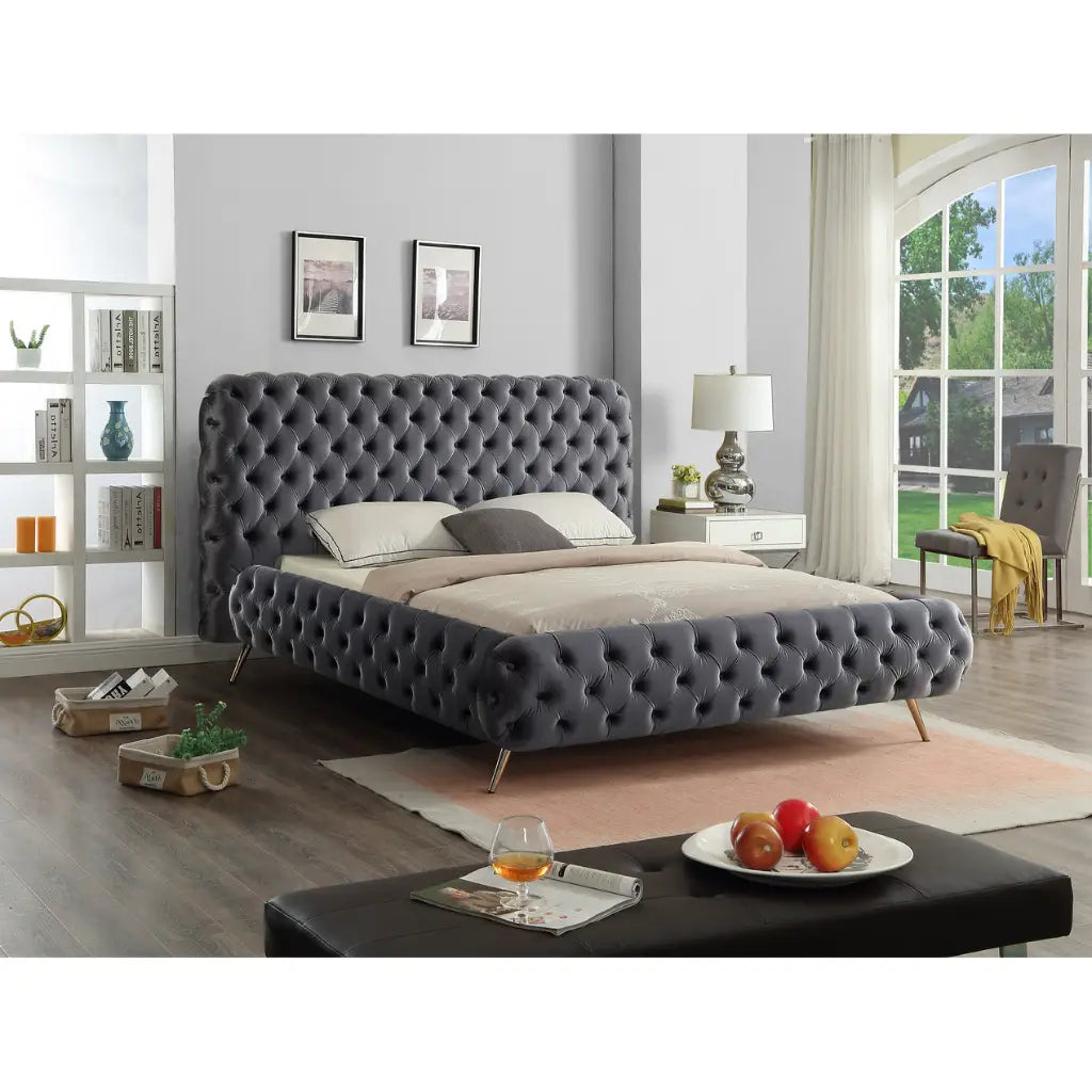 Grey Velvet King Bed with Tufting