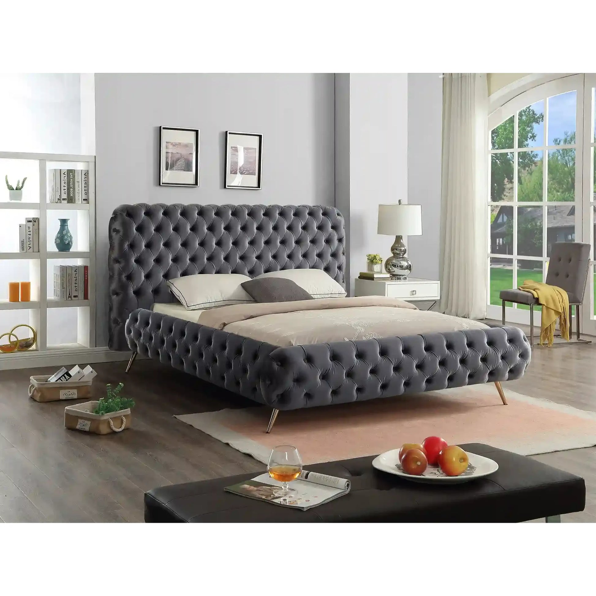 Grey Velvet Queen Bed with Tufting