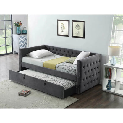 Grey Velvet  Twin Trundle Bed