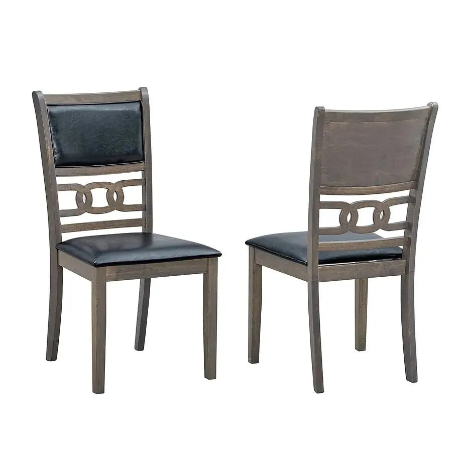 Grey wooden chairs with black leather seats 