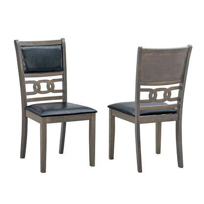 Grey wooden chairs with black leather seats 