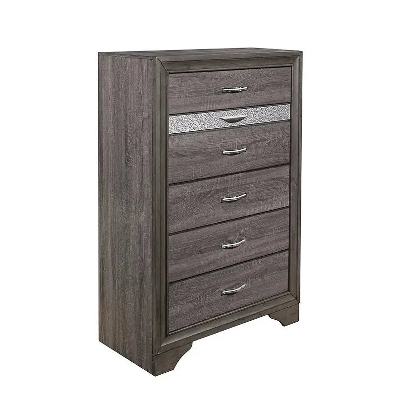 Grey wooden storage chest with silver drawer 