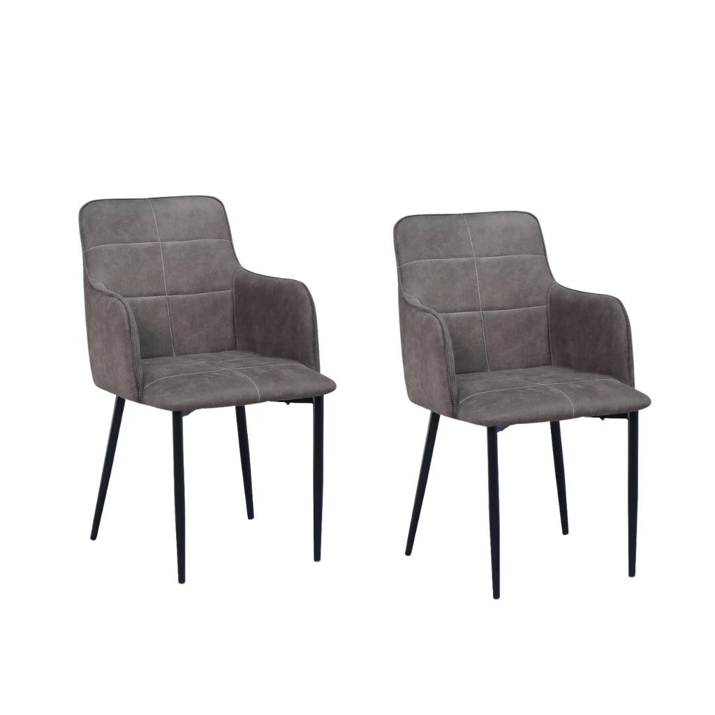 Two grey upholstered chairs with black legs